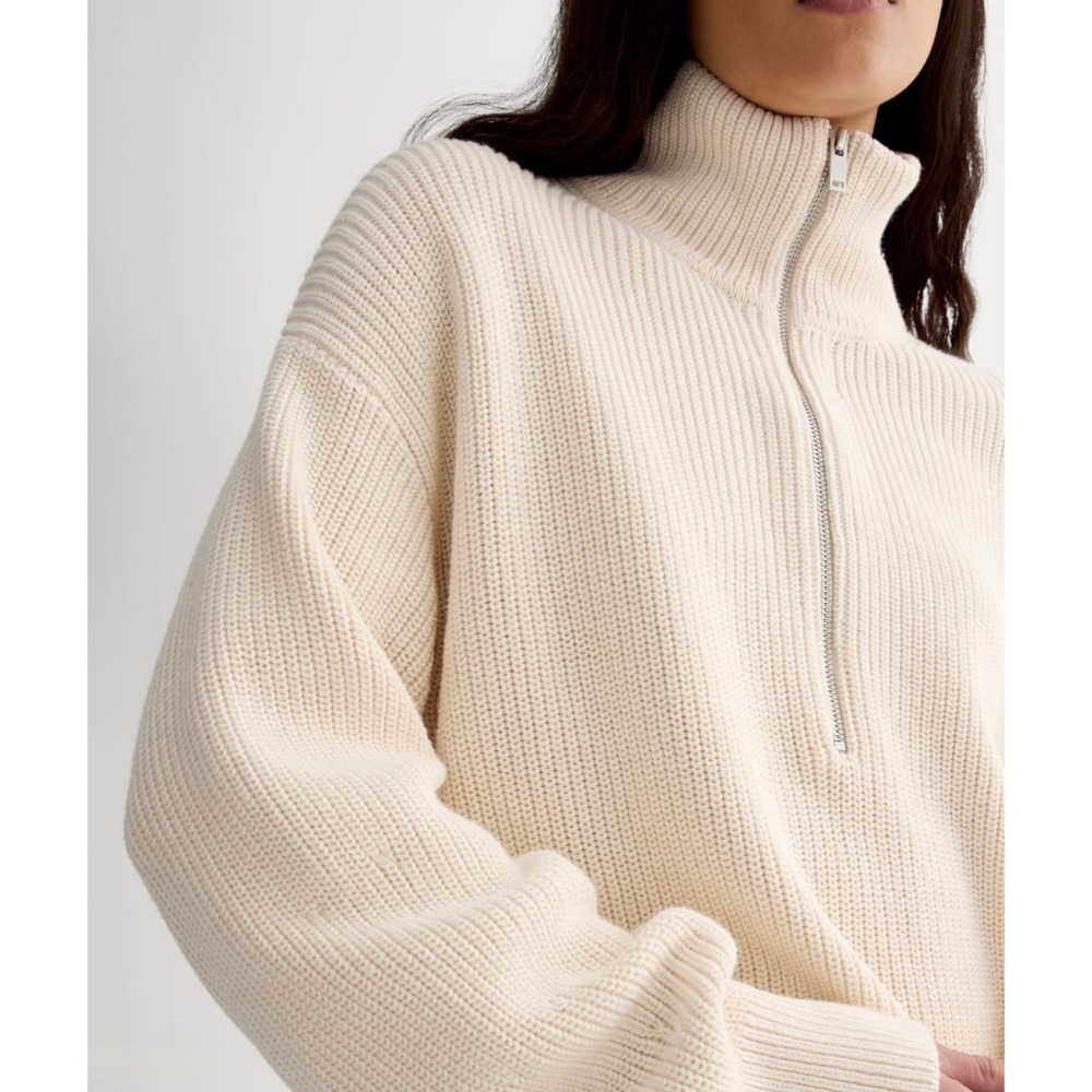 Everlane The Half-Zip In Everyday Cotton Sweater Cream White Ribbed Organic M